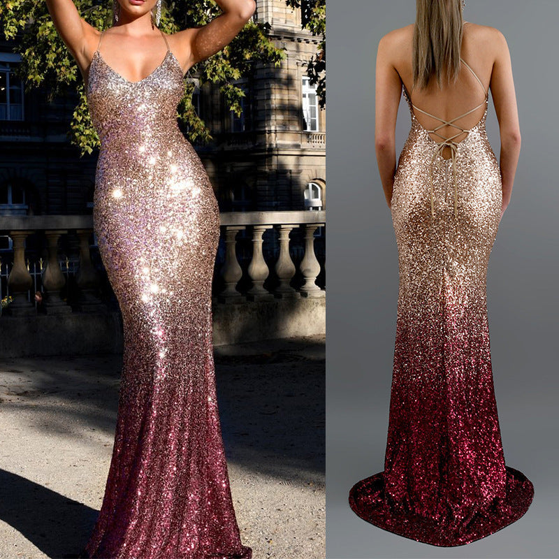 Elegant Sequin Mermaid Evening Gown - Sparkling Backless Prom Dress - Carvan Mart