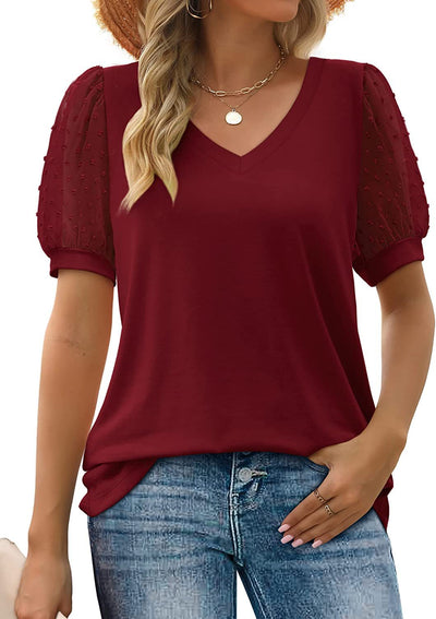 Womens Summer Tops V Neck T Shirts Swiss Dot Puff Sleeve Tops Loose Casual Tshirts - Burgundy - Winter Tops - Carvan Mart