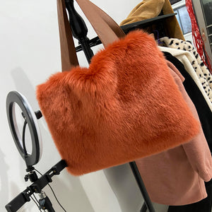 Luxurious Faux Fur Tote Bag - Trendy and Spacious Winter Fashion - Orange - Shoulder Bags - Carvan Mart