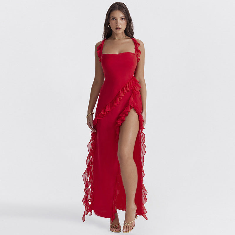 Ruffle Dress Women Spaghetti Backless Suspender Prom Dress Evening Dress - Carvan Mart