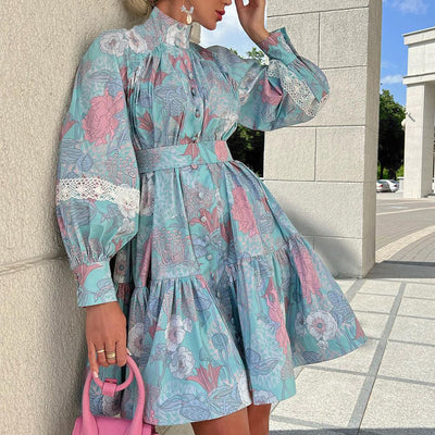 Plus Size Boho Dress Women's Plus Floral Print Print Contrast Lace Button Decor Lantern Sleeve High Neck Smock Dress With Belt - Mint Green - Dresses - Carvan Mart