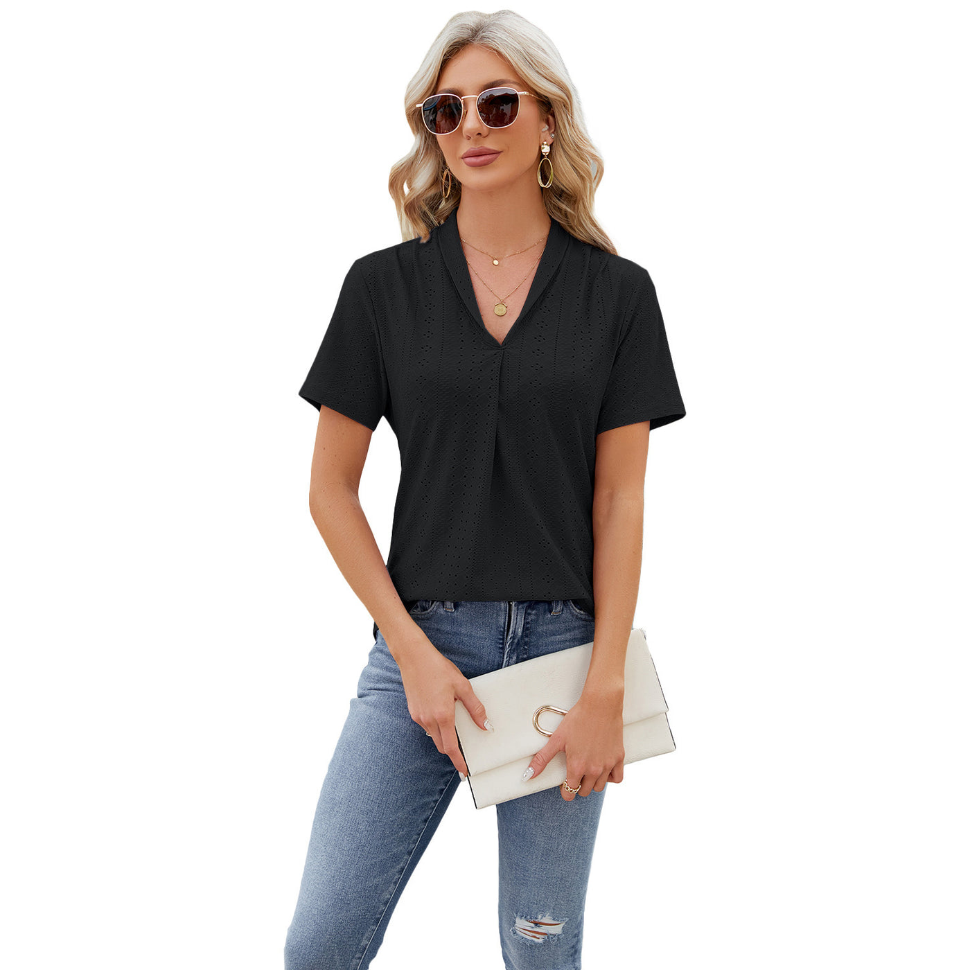 V-neck Hollow T-shirt Women's Summer Loose Short-sleeve Top - Carvan Mart