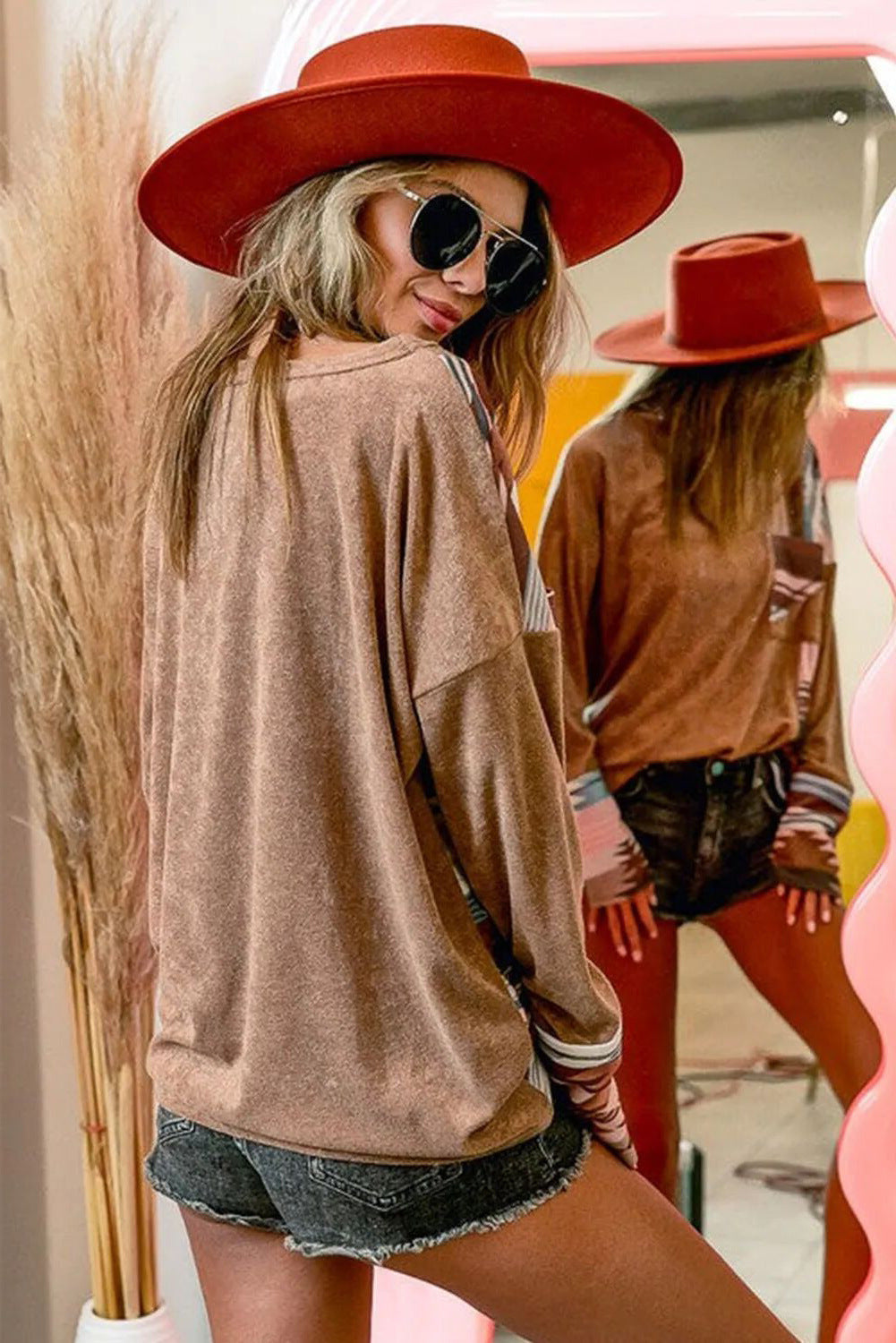 Smocked Off-the-shoulder Blouse Long Sleeve Pullover Round Neck T-shirt - Carvan Mart