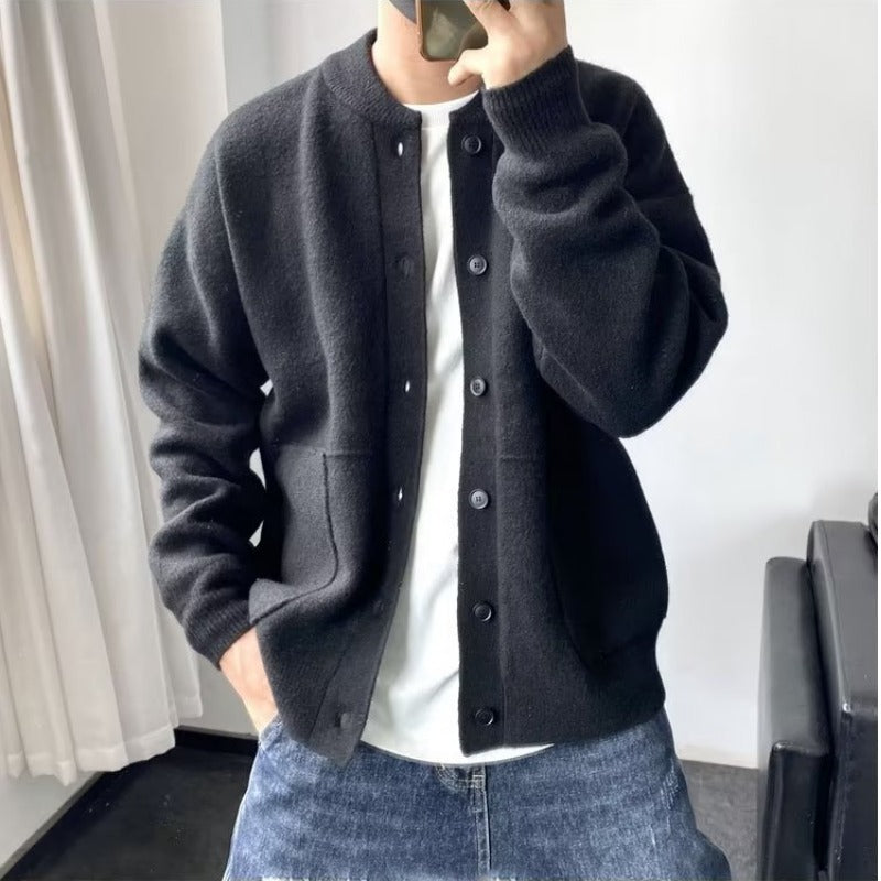 Wool Cardigan Men's Spring And Autumn Hong Kong Style Sweater Round Neck Jacket Simple Loose Thick Sweater Coat - - Men's Sweaters - Carvan Mart