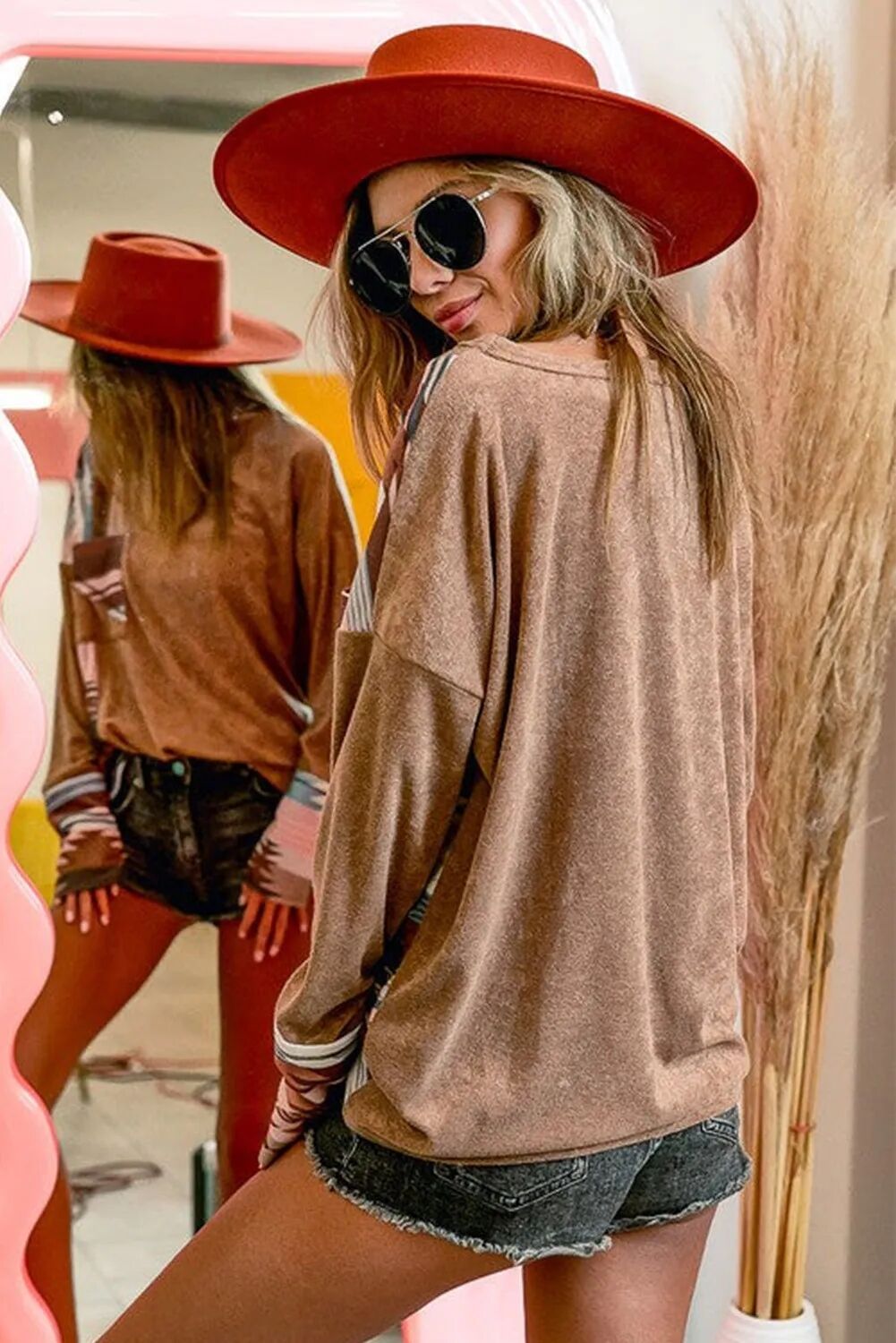 Smocked Off-the-shoulder Blouse Long Sleeve Pullover Round Neck T-shirt - Carvan Mart