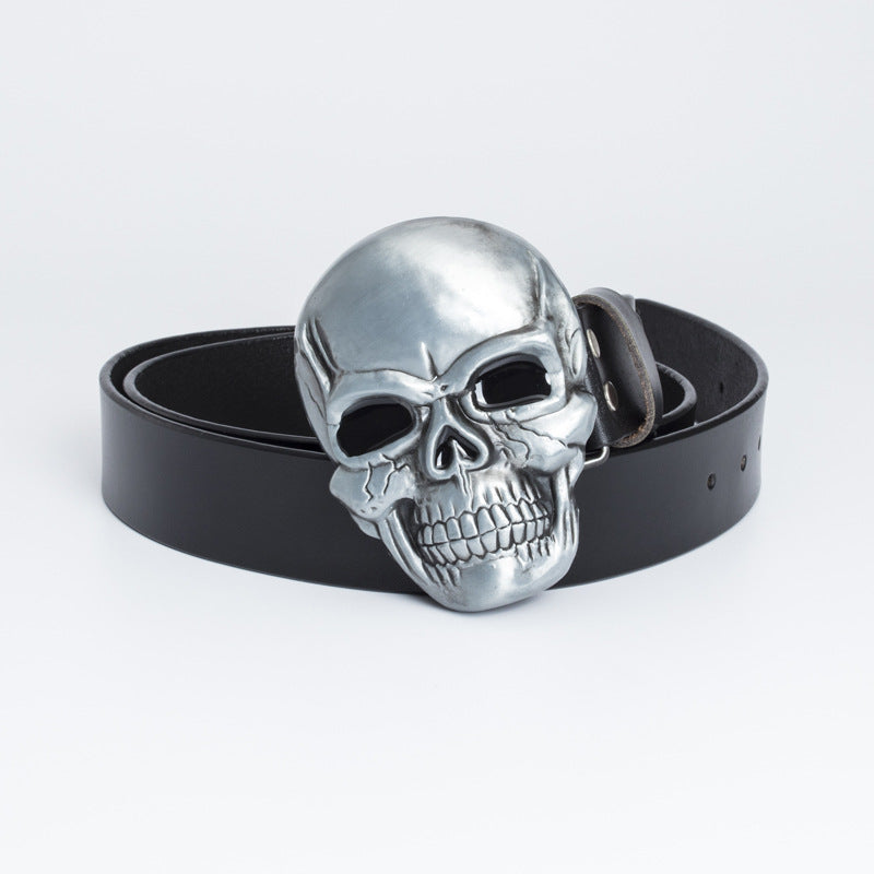 Big Buckle Belt Retro Cowhide Ghost Head - Black belt connecting leathe - Men's Belts - Carvan Mart