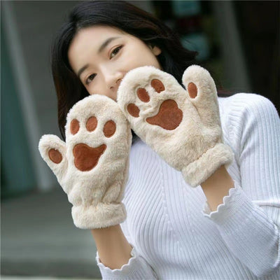 Plush Thickened Warm Plush Gloves Finger Cute Simple White Gloves - Embroidered Beige - Women Gloves & Mittens - Carvan Mart