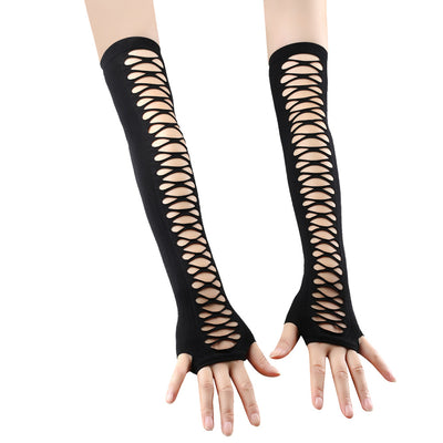 Mid-length Ripped Gloves Hollow Cross Mesh - Carvan Mart