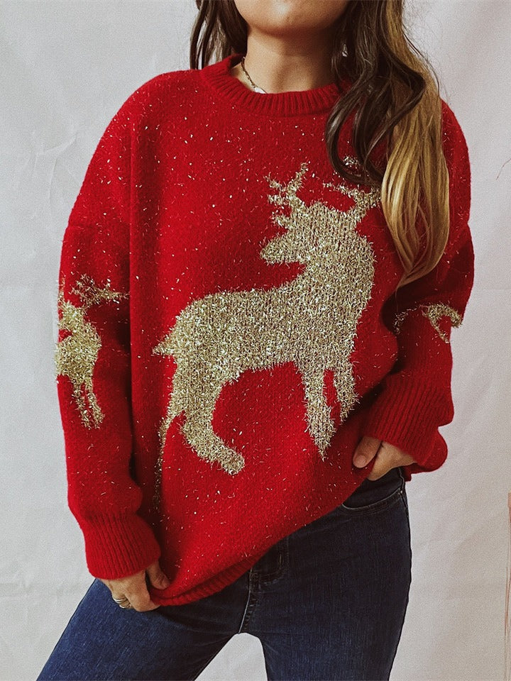 Women's Fashionable Loose Gold Jacquard Deer Pattern Round Neck Sweater - Carvan Mart
