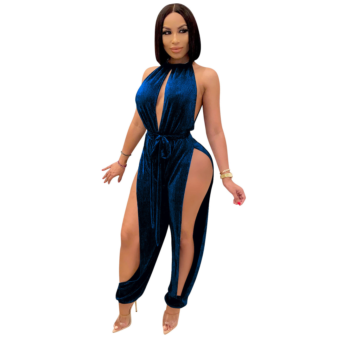 Lace-up Stretch Split Women's Jumpsuit - Carvan Mart