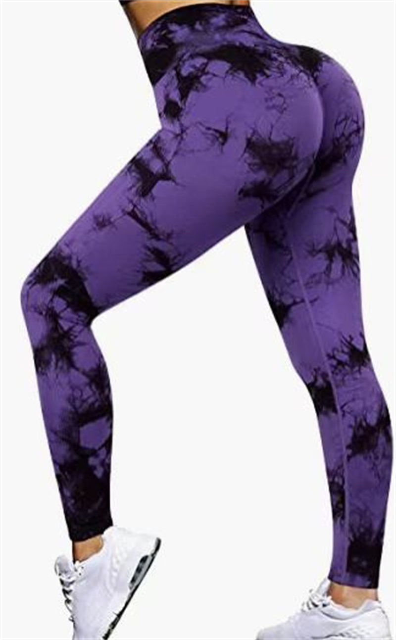 Tie Dye Printed Leggings High Waist Hip Lifting Tight Sports Women Yoga Pants - Black Purple - Leggings - Carvan Mart