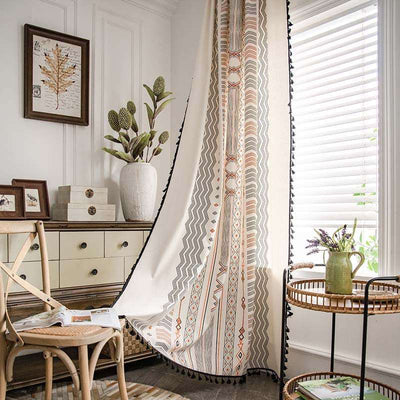 Boho Cream Cotton And Linen Print Sun Shade Non-punched Curtain Fabric - 