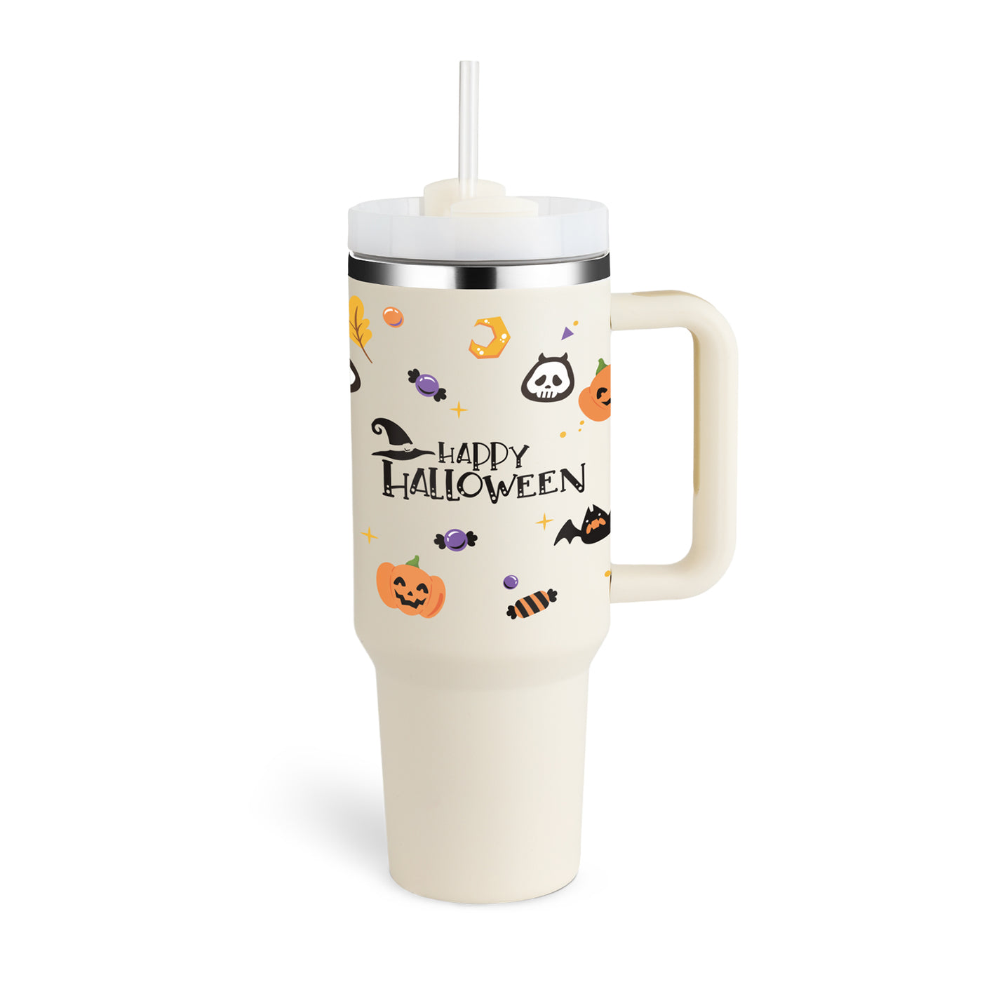 Valentines Day Gift Thermal Mug Straw Coffee Insulation Cup With Handle Portable Car Water Bottle Thermal Mug - Halloween Cream white 1200ML - Gift - Carvan Mart