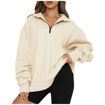 Women Sweatshirts Zip Turndown Collar Loose Casual Tops Clothes - Carvan Mart