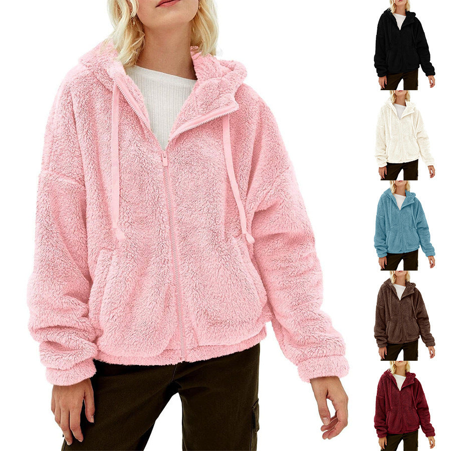 Casual And Comfortable Hooded Loose Zip Plush Pocket Sweatshirt - Carvan Mart