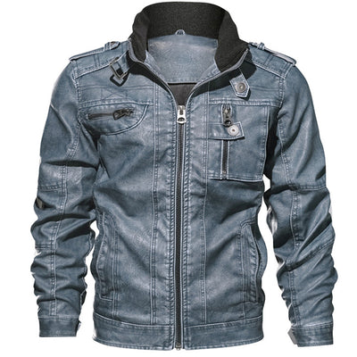 Men PU Leather Jacket Casual Thick Motorcycle Winter Windproof Coat - Blue - Genuine Leather - Carvan Mart