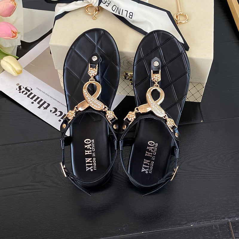 Women's Buckle Flip-flops Bohemian Style Flat Sandals - Black - Women's Sandals - Carvan Mart