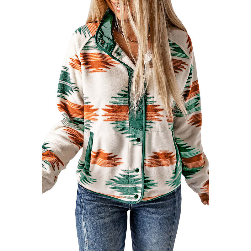 Winter Women's Printed Cardigan Jacket Fashion Color Contrast Fleece Coat - Carvan Mart