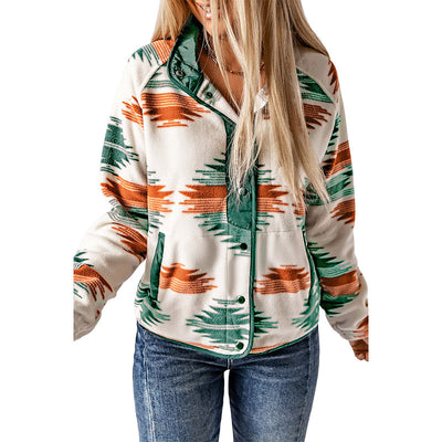 Winter Women's Printed Cardigan Jacket Fashion Color Contrast Fleece Coat - Carvan Mart