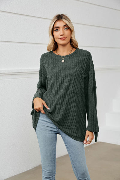 Women's Sunken Stripe Fleece Long-sleeve T-shirt Boat-neck Striped Tees - Green - Winter Tops - Carvan Mart