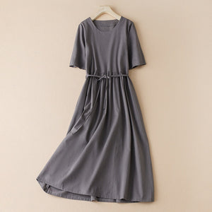 Women's Cotton And Linen Midi Dress - Gray - Women's Linen - Carvan Mart