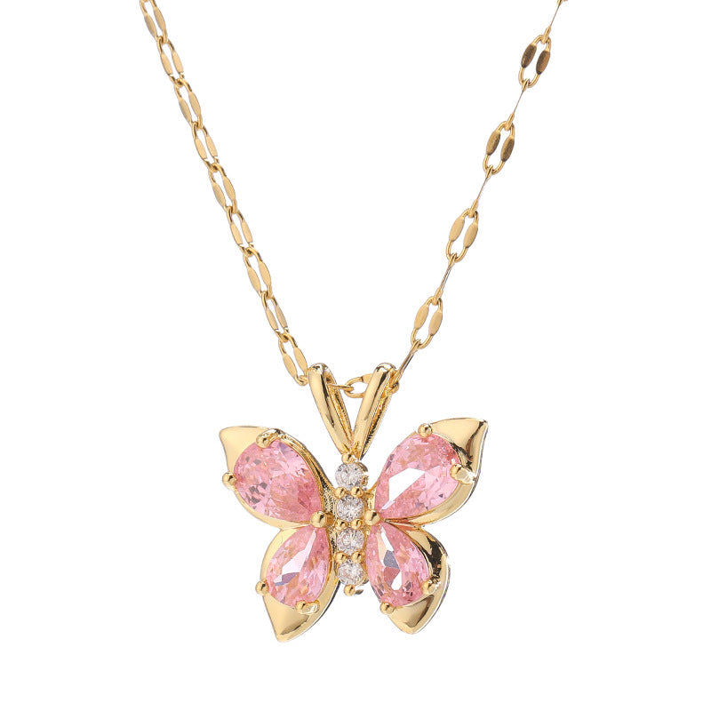 Titanium Steel Necklace For Women - Pink Diamond Butterfly - Necklaces - Carvan Mart