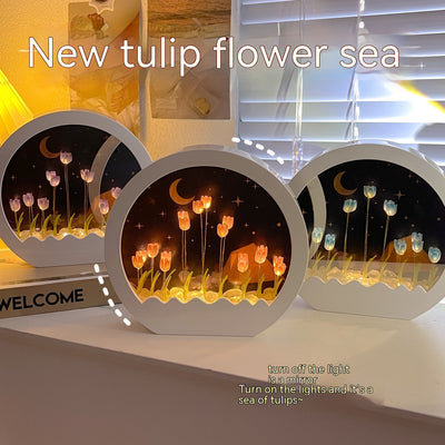 Small Night Lamp DIY Handmade Tulip Rose Mirror Flower Sea Bouquet Gift - Carvan Mart