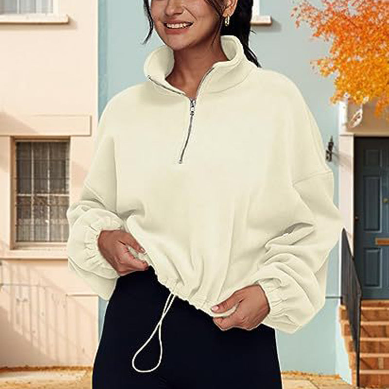 European And American Half Zipped Stand Collar Drawstring Hem Polar Fleece Shirt - Carvan Mart