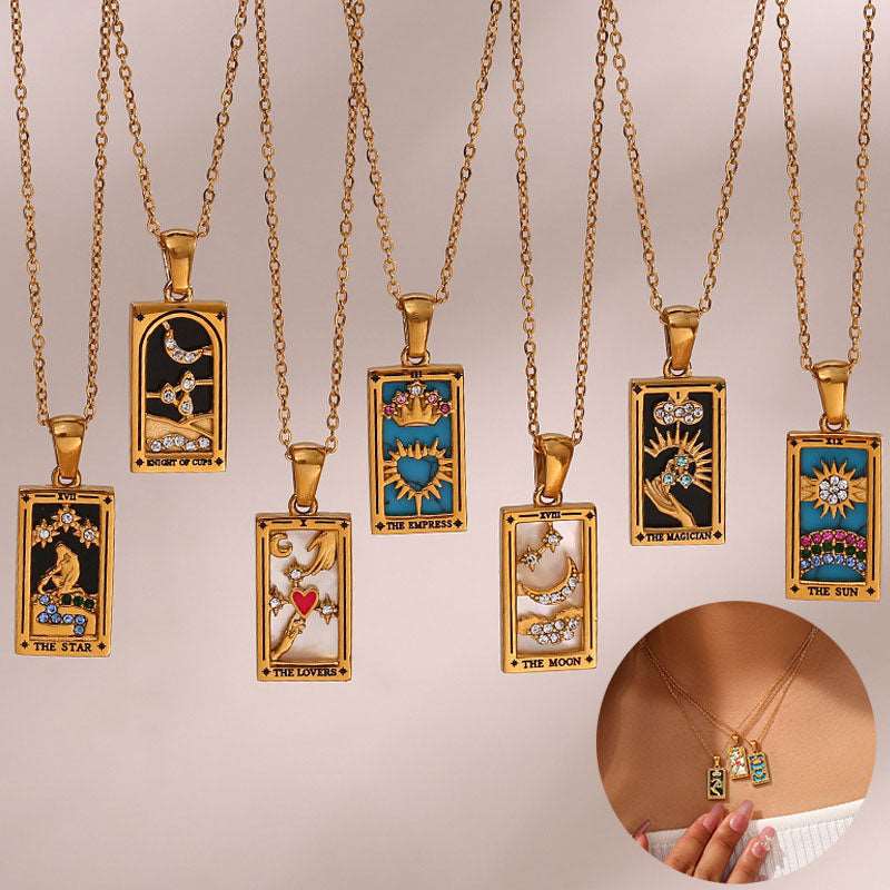 Fashion Tarot Necklace With Rhinestones Diamond Set Pendant Rectangular Drip Necklace Jewelry - Carvan Mart