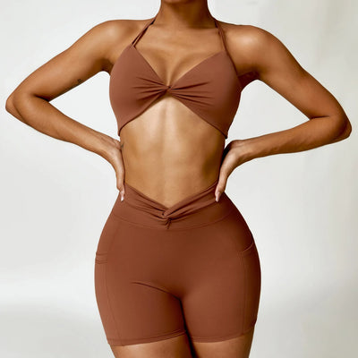 Camisole Yoga Suit Women Quick-drying Beauty Back Fitness Sports Suit - Sugar Brown short Set - Active Attire - Carvan Mart