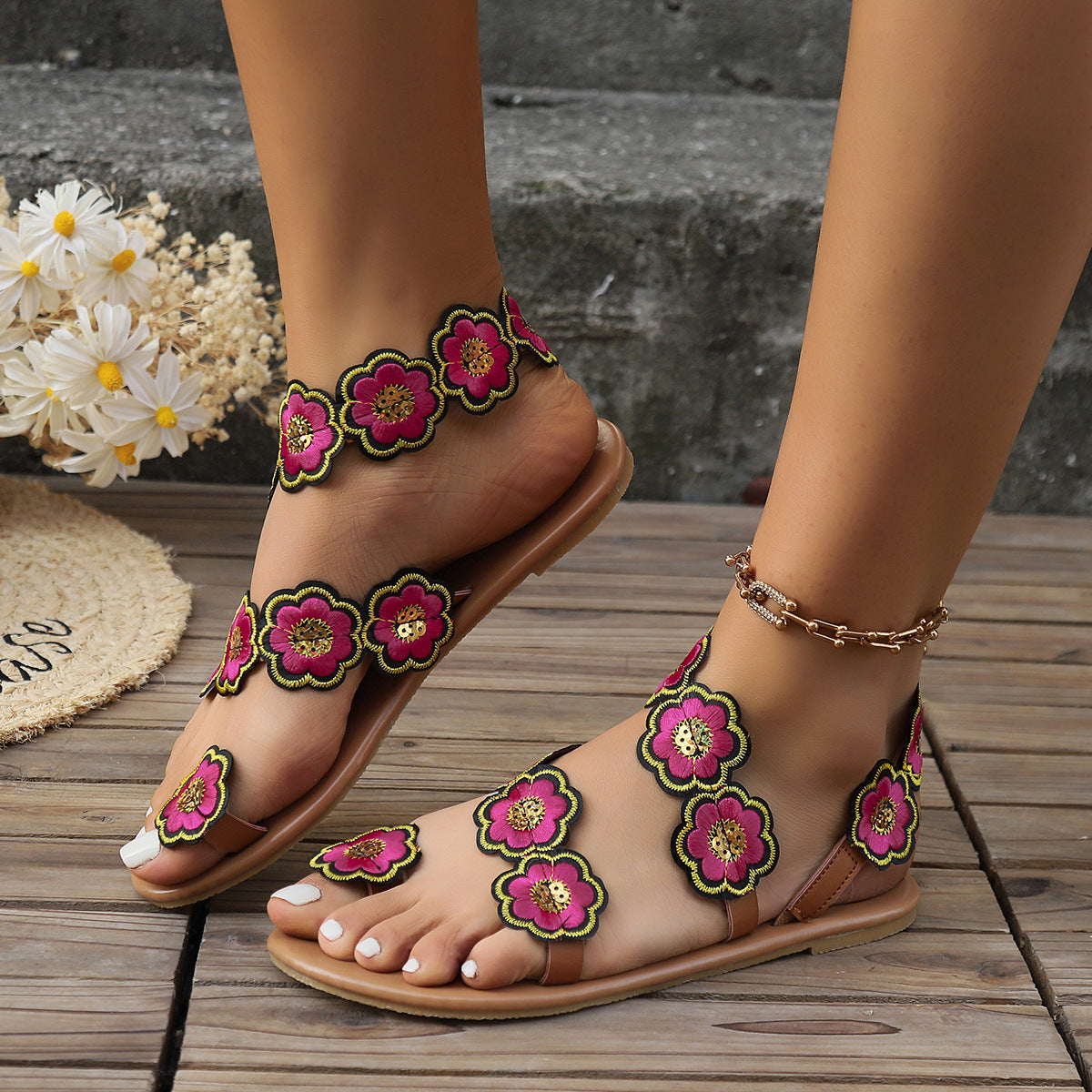 Ethnic Flower Flat Sandals Summer Vacation Casual Clip Toe Beach Shoes For Women - Carvan Mart