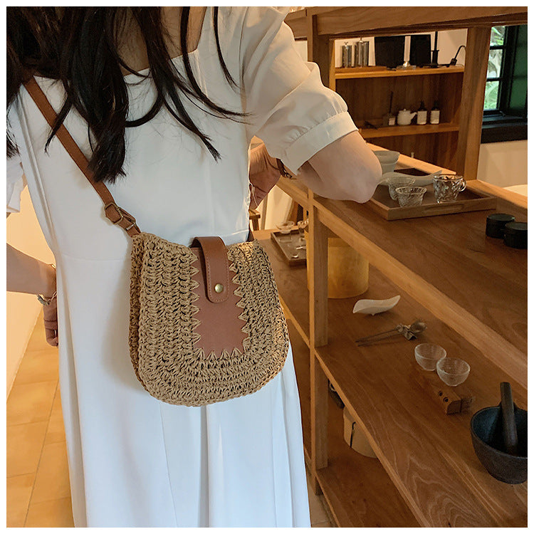 Bohemian Crossbody Purse Large Capacity French Shoulder Straw Bag Posture Stitching Handbag - - Shoulder Bags - Carvan Mart