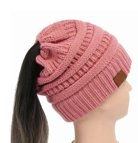 High Bun Ponytail Beanie Hat Chunky Soft Stretch Cable Knit Warm Fuzzy Lined Skull Beanie Acrylic Hats Men And Women - Dark pink - Women's Hats & Caps - Carvan Mart