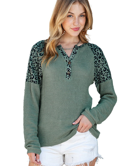 Leopard Print Contrast Color Long Sleeve Bottoming Shirt - Carvan Mart