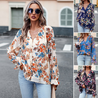 Women's Tops Casual Floral Print V Neck Long Sleeve Loose Chiffon Shirt - - Tops & Tees - Carvan Mart