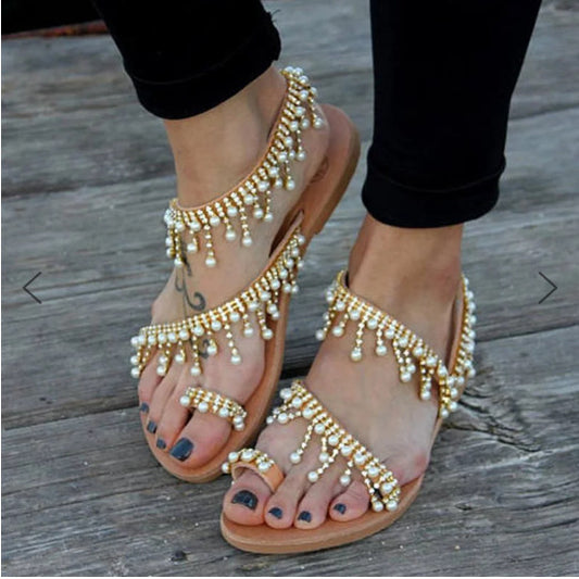 Women Sandals Flat Pearl Comfortable String Bead Slippers - Carvan Mart Ltd