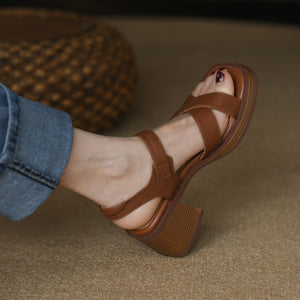 Cross Strap Sandals Women's Mid Heel Summer Platform Open Toe Chunky Heel Roman Shoes - Carvan Mart