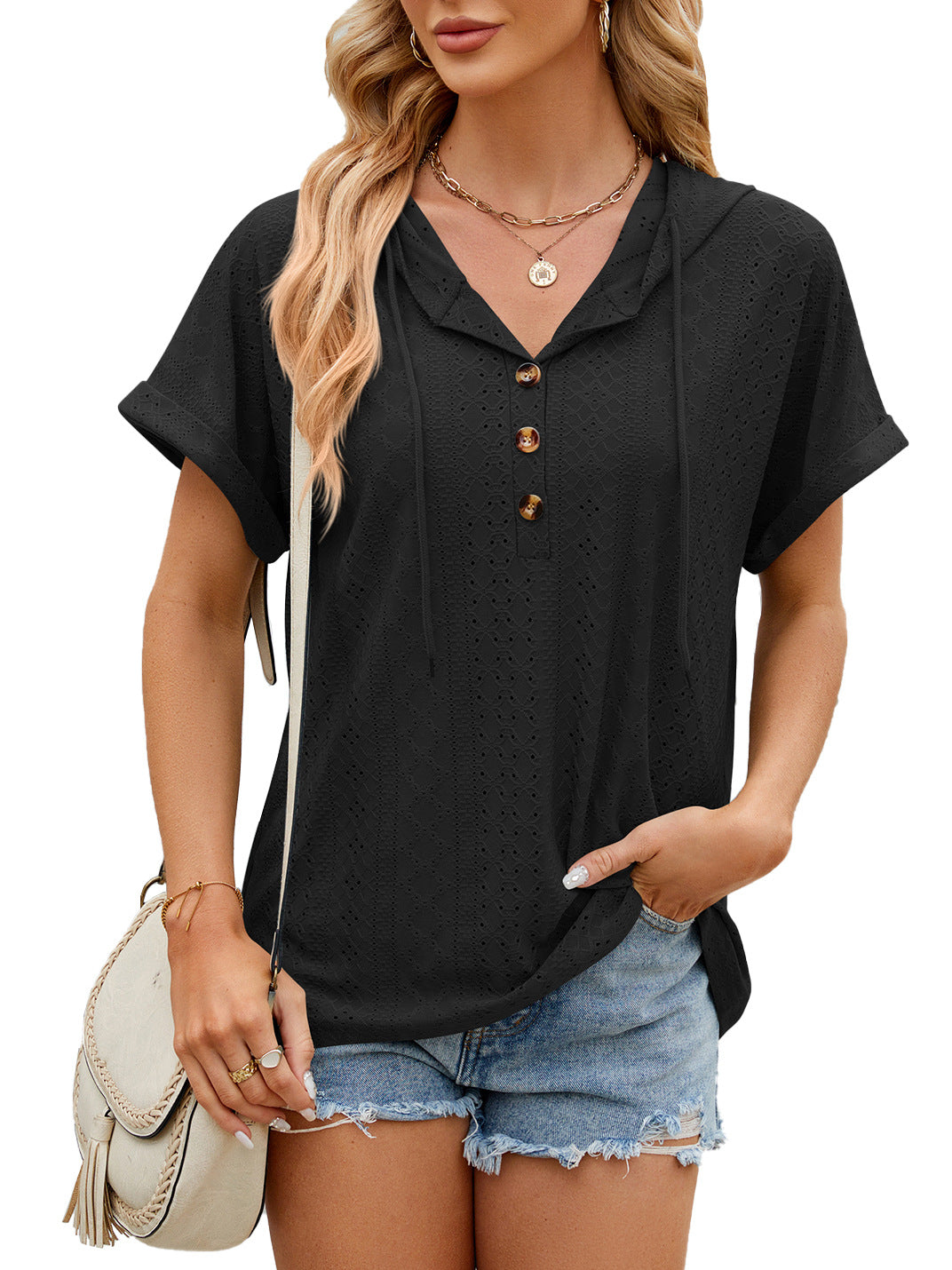 Women's T-shirt Loose Hollow Design Short-sleeve Top - Black - Blouses & Shirts - Carvan Mart