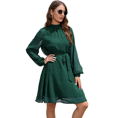 Dress Guest Wedding Long Sleeve Elegant Chiffon Polka Dot Mid-length Dress With Belt - Dark Green - Wedding Dresses - Carvan Mart