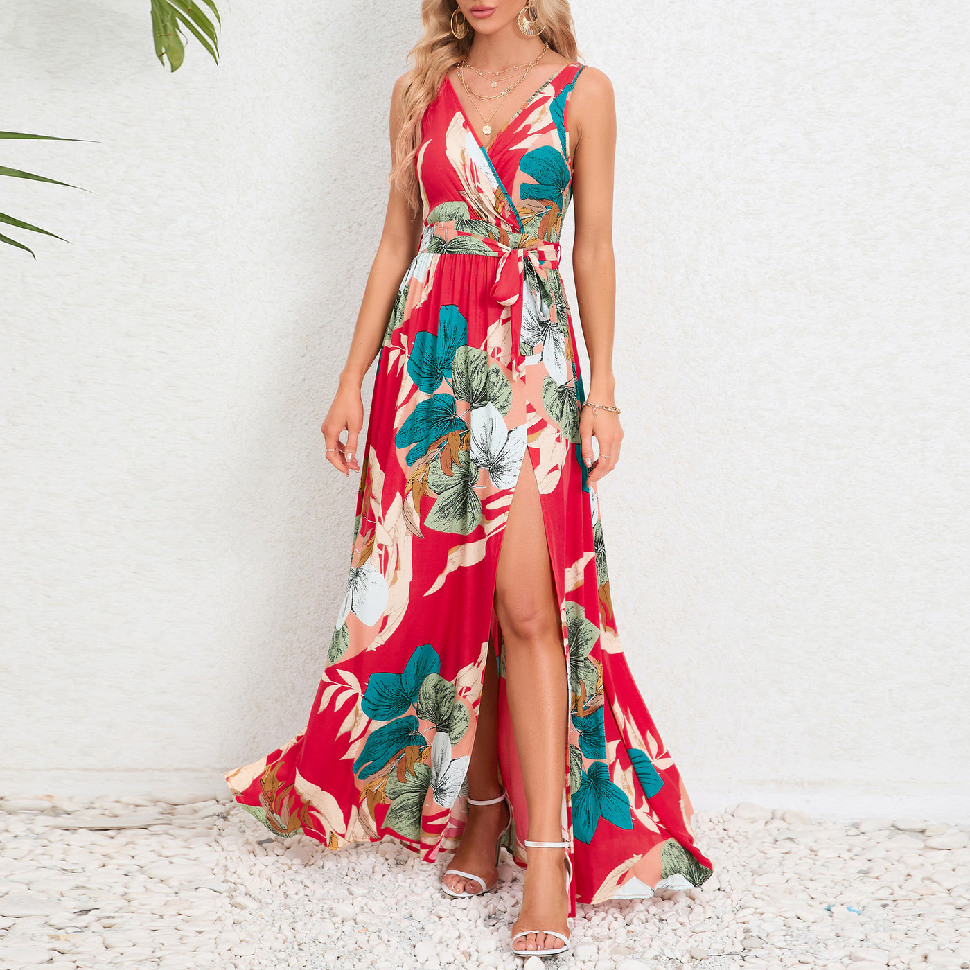 Women's Long Dress Floral Print  V-neck Summer Sleeveless Dress - Carvan Mart