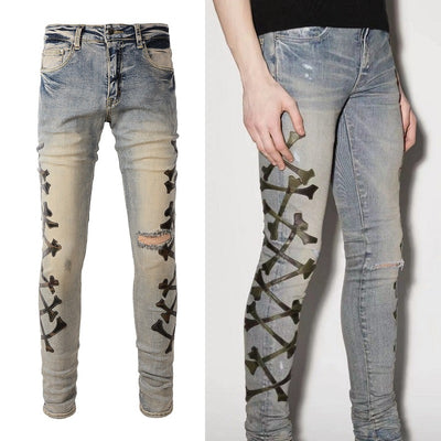 Men's Fashion Holes Bone Pattern Leather Stretch Skinny Jeans - Carvan Mart