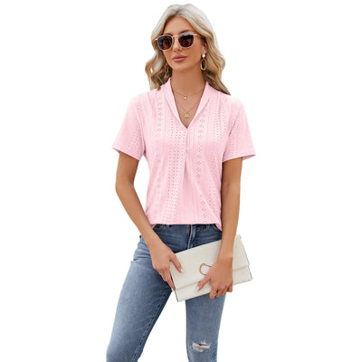 V-neck Hollow T-shirt Women's Summer Loose Short-sleeve Top - Light Pink - Blouses & Shirts - Carvan Mart