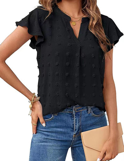 Women Summer V Neck Ruffle Short Sleeve Blouse Dot Flowy Shirt Top - Carvan Mart