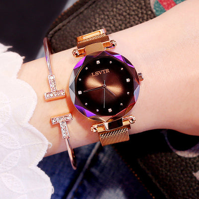 Rose Gold Women Watches Fashion Diamond Ladies Starry Sky Magnet Watch Waterproof Female Wristwatch - Brown - Women's Watches - Carvan Mart