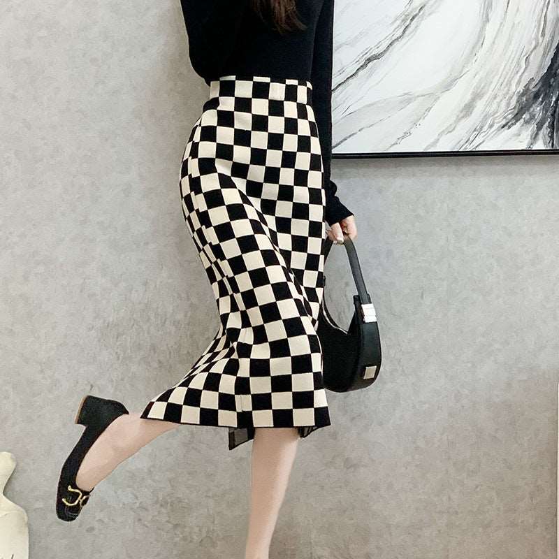 Chessboard Plaid Knitted Skirt Women's Autumn And Winter Korean Style
