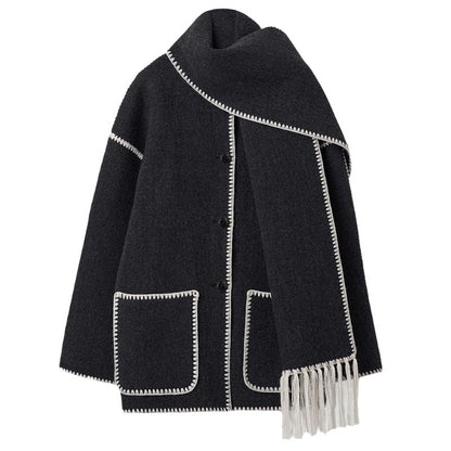 Women's Woolen Coat With Scarf Tassel Lady Office Streetwear Jacket - Carvan Mart Ltd