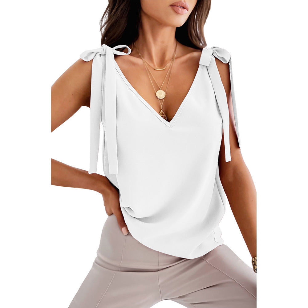 Bowknot Tie Up Camisole V-neck Shirt Women Summer Sleeveless Tank Top - White - Winter Tops - Carvan Mart