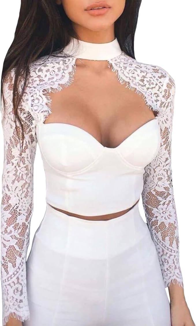 Women's Casual Lace Tops Fashion Patchwork See-Through Crop Tops - White - Winter Tops - Carvan Mart