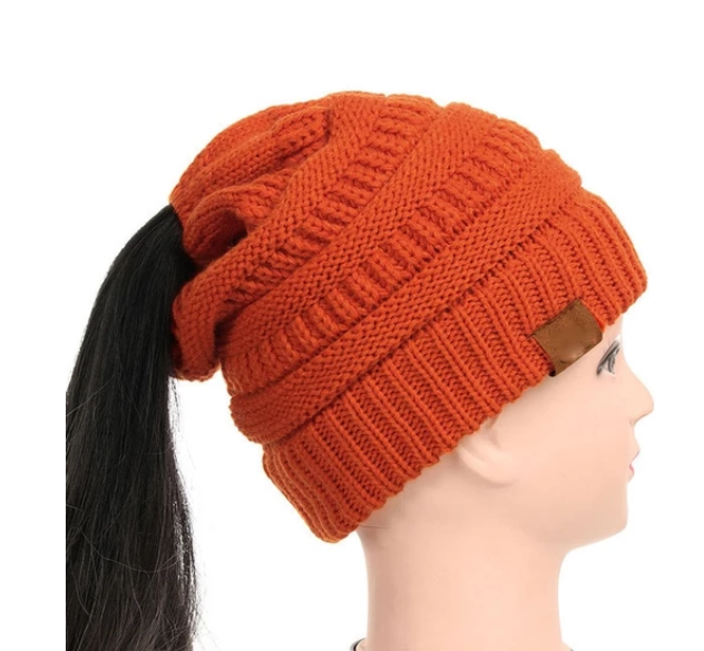 High Bun Ponytail Beanie Hat Chunky Soft Stretch Cable Knit Warm Fuzzy Lined Skull Beanie Acrylic Hats Men And Women - Orange - Women's Hats & Caps - Carvan Mart