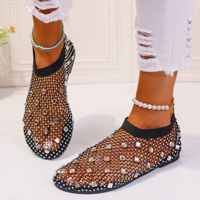 Mesh Flat Sandals With Colorful Rhinestone Summer Round Toe Beach Shoes For Women - Carvan Mart